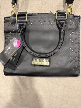 NWT Nicole Miller Black Satchel with Gold Stud Accents & Hardware